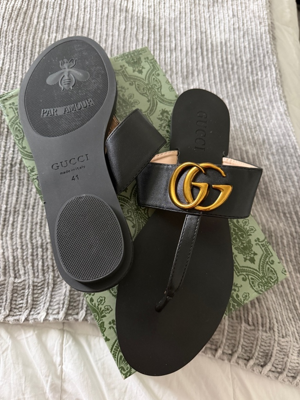Gucci Black Leather Slide Sandals with Gold Double G - Picture 3 of 3